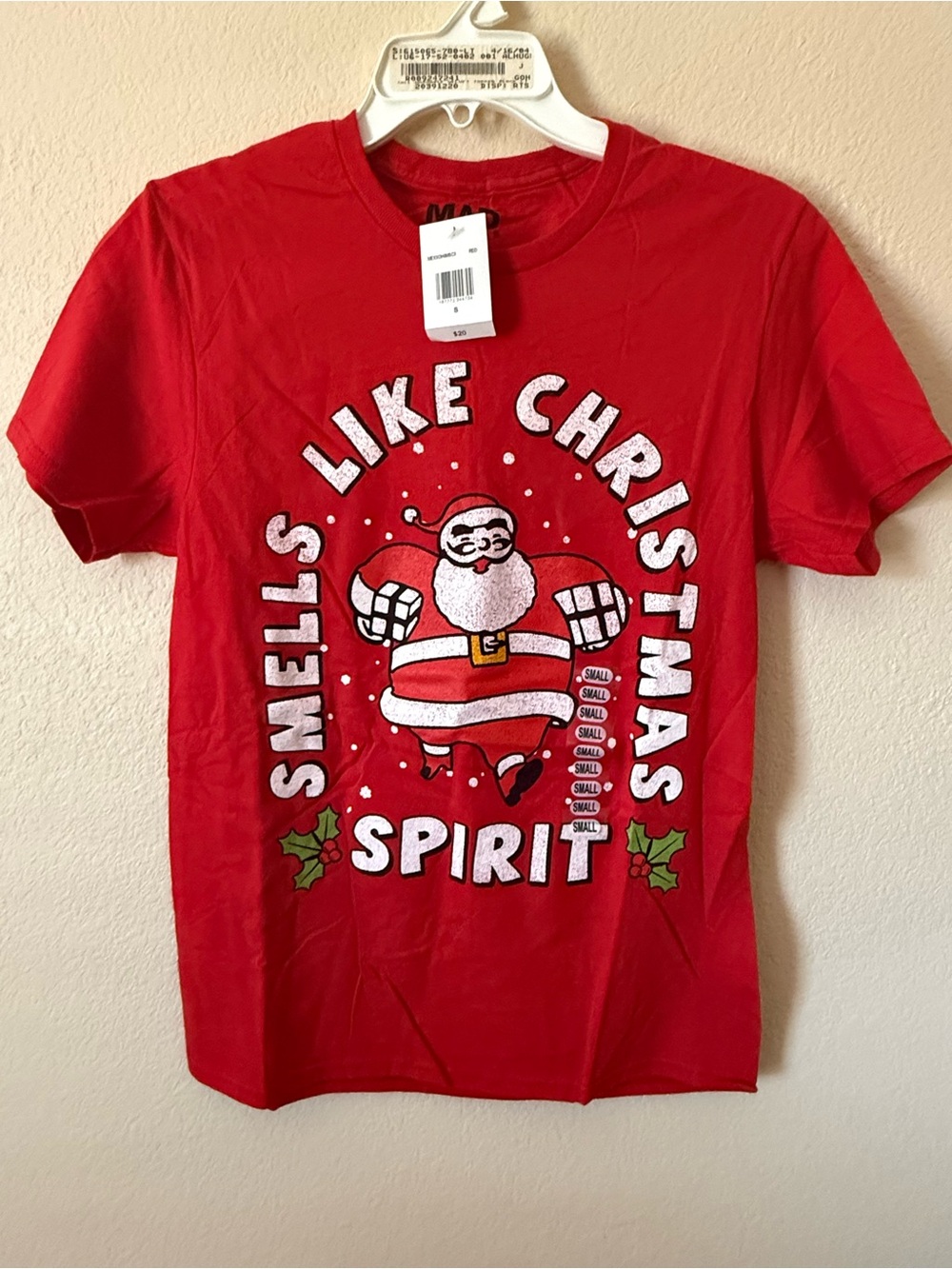 MAD Engine Red Graphic Tee with Holiday Santa 'Smells Like Christmas Spirit'